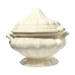Beige Sandstone Tan Ceramic Soup Tureen Serving Bowl Lid, Underplate & Ladle 11”